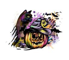 citrouille d'halloween en chapeau de sorcière et illustration vectorielle de chat vecteur