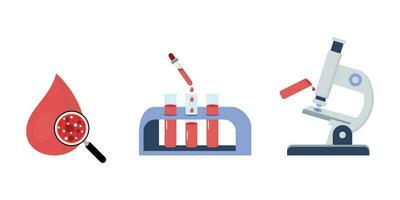 médical du sang une analyse dans tester tubes. microscope. biochimie recherche. plasma échantillons. chimique flacons. vecteur concept