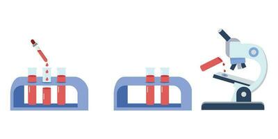 médical du sang une analyse dans tester tubes. microscope. biochimie recherche. plasma échantillons. chimique flacons. vecteur concept