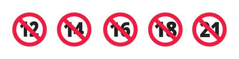 adultes contenu seulement âge restriction 12, 14, 16, 18 ans, 21 plus ans vieux icône panneaux ensemble. vecteur