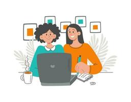 deux Jeune femmes asseoir à une table et travail sur une ordinateur portable, étude, regarder une séminaire en ligne. vecteur plat illustration