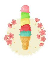 multicolore la glace crème cône avec fleurs. isolé vecteur dessin animé illustration