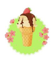 la glace crème cône avec des fraises et fleurs. isolé vecteur illustration