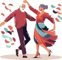main tiré content personnes âgées couple dansant dans plat style vecteur