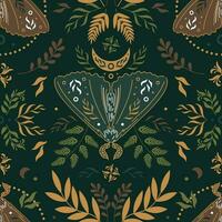 Naturel la magie motif dans scandinave populaire style. ancien illustration. sans couture modèle avec papillons, fougères et autre forêt herbes. Fée forêt. pour impression sur tissu, fond d'écran vecteur