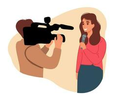 une femme est enregistrement une vidéo avec une microphone. journaliste avec vidéaste. vecteur
