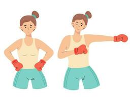 deux mignonne boxeur filles. les femmes sportives dans boxe gants. vecteur illustration. isolé femelle sport personnages dans plat dessin animé style.