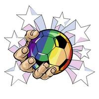 conception pour t-shirts de une main en portant une football Balle entouré par . Balle avec arc en ciel couleurs. gay fierté vecteur