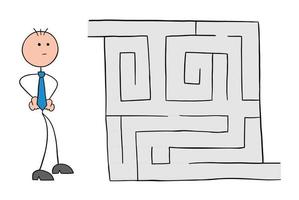 personnage d'homme d'affaires stickman regardant dans le labyrinthe et pensant à l'illustration de dessin animé de vecteur