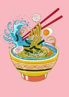 main tiré style de délicieux ramen nouille Japonais ancien vague La peinture vecteur