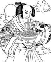 noir et blanc de adulte coloration page de une homme en mangeant ramen dans ukiyo e style vecteur