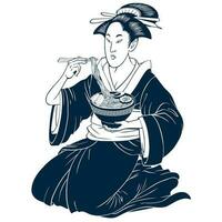 isolé noir et blanc de magnifique geisha en mangeant ramen dans traditionnel kimono vecteur