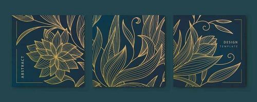 vecteur ensemble de abstrait luxe d'or carré cartes, vague Publier modèles pour social filet, feuilles botanique moderne, art déco fond d'écran Contexte. ligne floral motifs dans Japonais style