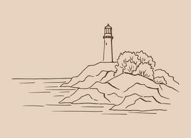 phare. illustration dessinée à la main convertie en vecteur. vecteur d'illustration de croquis de paysage graphique de la côte de la mer.