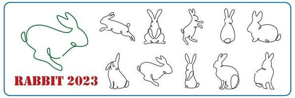 vecteur un ligne art 2023 content Nouveau année illustration avec lapin. chinois horoscope fête carte. animal thème icône ensemble vecteur lapin.