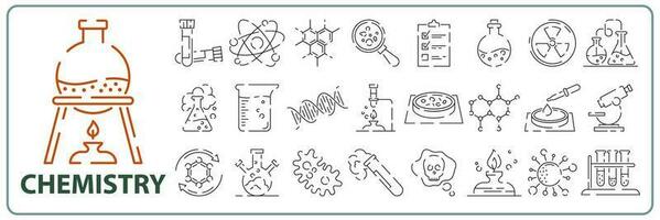 Facile ensemble de chimique en relation vecteur ligne Icônes. contient tel Icônes comme atome, ballon, expérience, recherche, laboratoire et plus. modifiable accident vasculaire cérébral. 48 x 48 pixel parfait.
