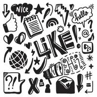 dessin au trait vectoriel doodle ensemble d'objets et de symboles sur le thème des médias sociaux.