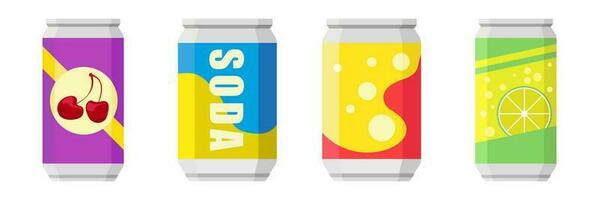 un soda dans coloré aluminium canettes ensemble Icônes isolé sur blanc Contexte. doux les boissons signe. carbonaté non alcoolique l'eau avec différent les saveurs. les boissons dans coloré emballage. vecteur illustration.