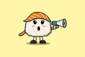 personnage de sushi de dessin animé mignon parler avec mégaphone vecteur