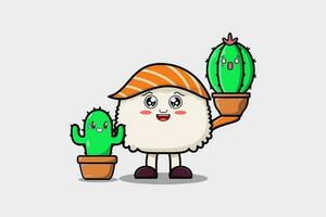 mignonne dessin animé Sushi personnage en portant cactus plante vecteur