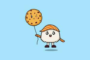 sushi de dessin animé mignon flottant avec ballon de biscuits vecteur