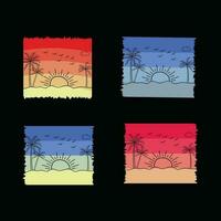 rétro le coucher du soleil plage T-shirt conception prêt modèle graphique vecteur illustration, Années 90 affligé ancien, été vacances avec paume des arbres insignes, Années 70 vieux coloré style, lever du soleil ensoleillement vague Toile