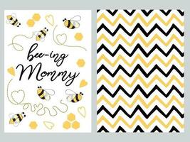 les mères journée bannière conception ensemble avec texte maman à abeille avec mignonne main tiré abeille, zig zag modèle Contexte l'amour carte signe affiche logo étiquette impression isolé sur blanc vecteur illustration noir et Jaune