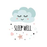 affiche pour bébé pièce avec texte sommeil bien pour bébé décoré mignonne main tiré lumière rose dessin animé nuage étoile cœur agréable souhait pour bébé douche conception carte bannière tissu puéril vecteur illustration.