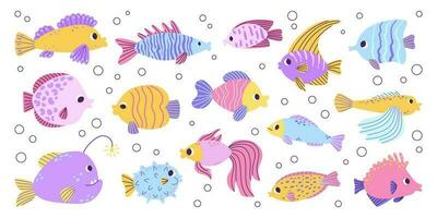 ensemble coloré différent océan poisson avec bulles. en volant poisson, poisson-ange, pêcheur, souffleur. élégant moderne conception. plat main tiré coloré vecteur illustration isolé sur blanc Contexte.