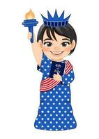 américain fille portrait célébrer 4e de juillet indépendance journée avec costume, statue de liberté, plat icône style vecteur