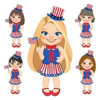 ensemble de américain les filles portrait célébrer 4e de juillet indépendance journée avec costume, en portant drapeaux, plat icône style vecteur