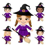 ensemble de peu sorcières en portant le balai, Halloween fête dessin animé personnage vecteur