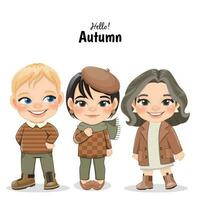 diverse les enfants dans l'automne saison tenues. l'automne fille et garçon dessin animé personnages. vecteur illustration