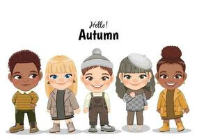 diverse les enfants dans l'automne saison tenues. l'automne fille et garçon dessin animé personnages. vecteur illustration