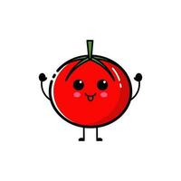 tomate personnage qui est élevage tous les deux mains avec une mignonne expression vecteur