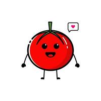 tomate personnage qui est élevage tous les deux mains avec une mignonne expression vecteur