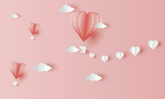 la Saint-Valentin journée à thème Contexte conception dans une papier Couper style, avec éléments de cœurs, plumes, chaud air des ballons, parfait pour l'amour et Valentin à thème arrière-plans vecteur