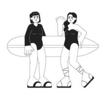 Jeune surfeur les filles avec planche de surf sur plage monochrome vecteur place illustration. copines amusement 2d plat bw dessin animé personnages pour la toile ui conception. été vacances isolé modifiable main tiré héros image