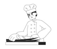 Masculin chef préparer nourriture monochromatique plat vecteur personnage. modifiable mince ligne moitié corps caucasien femelle cuisine personnage sur blanche. homme Couper oignon. Facile bw dessin animé place image pour la toile graphique conception