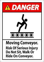 danger signe en mouvement convoyeur, risque de sérieux blessure faire ne pas asseoir marcher ou balade sur convoyeur vecteur