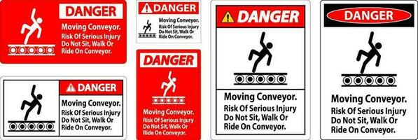 danger signe en mouvement convoyeur, risque de sérieux blessure faire ne pas asseoir marcher ou balade sur convoyeur vecteur