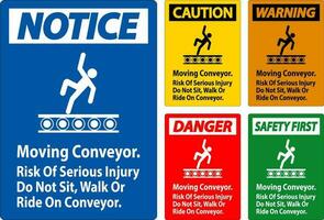 avertissement signe en mouvement convoyeur, risque de sérieux blessure faire ne pas asseoir marcher ou balade sur convoyeur vecteur