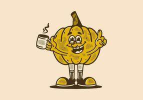 Jaune citrouille mascotte personnage avec content visage en portant une tasse de café vecteur
