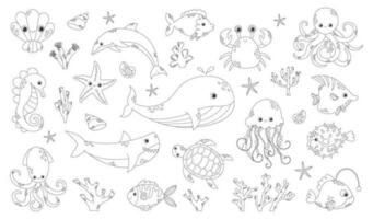 mignons créatures marines et animaux sous-marins doodle set. tortue d'eau, baleine, poulpe, méduse, crabe et poisson. éléments de la vie marine dans le style de croquis. illustration vectorielle de contour vecteur