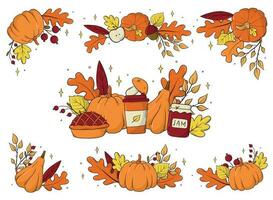 ensemble de l'automne compositions, autocollants décoré avec griffonnages de feuilles et citrouilles. bien pour impressions, sublimation, planificateurs, panneaux, cartes, bannières, panneaux, affiches, etc. eps dix vecteur