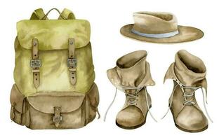 ensemble avec ancien sac à dos, coriace bottes et chapeau. main tiré aquarelle illustration de Voyage équipement sur blanc isolé Contexte pour aventure et tourisme. dessin de vieux rétro sac pour randonnée. vecteur