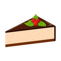 Chocolat cheesecake avec baies et menthe feuilles. graisse, Hautement calorifique, mauvais pour la santé aliments. dessert, délicieux, délicieux. illustration dans dessin animé plat style. isolé sur une blanc Contexte. vecteur