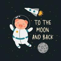 dessiné à la main vecteur illustration de une mignonne astronaute porc dans espace. espace illustration avec animal dans une scaphandre. lune, fusée, une inscription. concept pour impression sur enfants T-shirt.