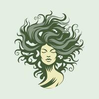 femme dans forme de chêne arbre avec agitant cheveux. abstrait beauté industrie vecteur logo conception. unique illustration.