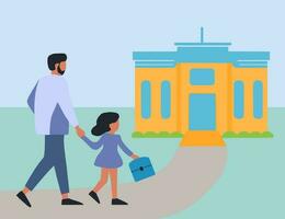 retour à école, père prend le sien fille à école, vecteur illustration dans entreprise memphis style.